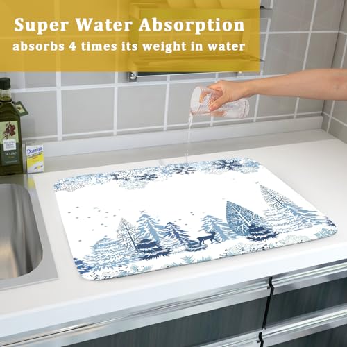 Giwawa Winter Blue Snowflake Dish Drying Mat Christmas Tree Kitchen Counter Dish Drainer Mats Xmas Forest Deer Moose Dish Dry Pad Bottles Protector for Kitchen Countertop Coffee Bar, 18x24 inch Large