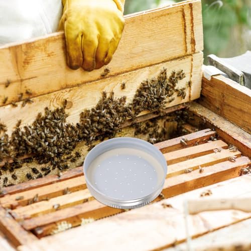 Happyyami 4pcs Entrance Feeder Beehive Feeder Lids Honey Bee Feeder Mason Jar Lids Plastic Bee Hive Entrance Feeder with Perforated Lids Beekeeping Perforated Lid Fits Mason Jars