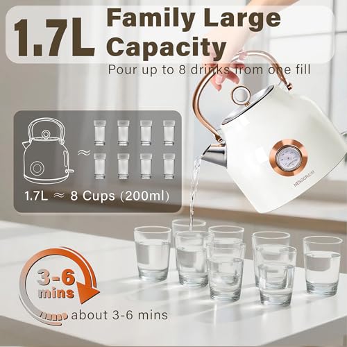 Retro Electric Kettle, 1.7L Stainless Steel Tea Kettle with Large Temperature Gauge, 1500W Fast Heating Hot Water Boiler with LED Indicator, Auto Shut-off & Boil-Dry Protection-Reteo White - color: Retro White