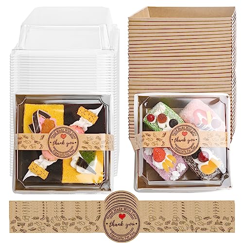 TECARATE Paper Charcuterie Boxes with Clear Lids and Stickers - 50 SETS 4 Inches Square Disposable Food Containers Bakery Boxes for Bakery, Macaron, Sandwich, Slice Cake, Cookies, Hot Cocoa Bombs - color: Brown