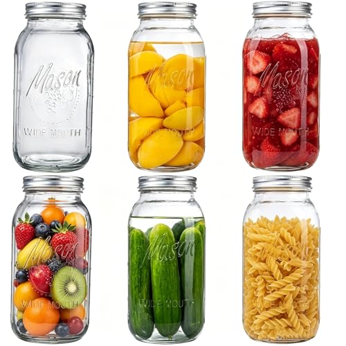 64 oz Mason Jars with Lids, Glass Jars for Canning, Wide Mouth Mason Jars for Spice Storage, Glass Jar with Lid for Pantry Organization, Jars for Home Kitchen Canning Set of 6
