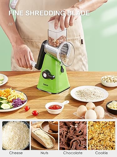Rotary Cheese Grater with Handle, Reemix Vegetable Cheese Shredder Slicer Grater for Kitchen 3 Changeable Blades for Cheese Potato Zucchini Nuts Chocolate (Green) - color: Green