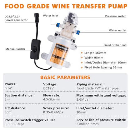 110V Electric Wine Transfer Pump with Flow Control & Auto Start-Stop, Includes Food-Grade Liquid injection Gun & PVC Hose - for Wine Brewing/Car Urea/Edible Oil Transfer