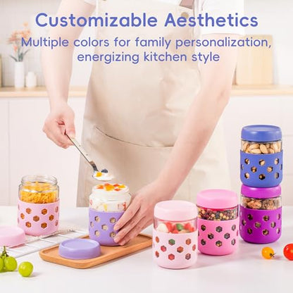 Gemice 6-Pack 16 oz Overnight Oats Containers with Lids and Silicone Sleeves, Glass Mason Jars with Airtight Lid, Dishwasher Safe, Wide Mouth Chia Seed Pudding Meal Prep Jar for Yogurt Berries Snack - color: Purple, size: 16oz, 6-Pack