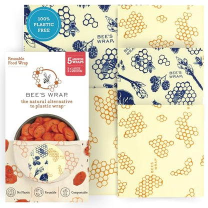 Bee's Wrap Beeswax Wraps for Food - Assorted 5 Pack of Beeswax Wraps - 2 Large & 3 Medium Wrap - Plastic Free Made in USA Reusable Natural Food Wrap - Honeycomb & Bees + Bears - style: 5 Pack (Honeycomb, Bees + Bears)