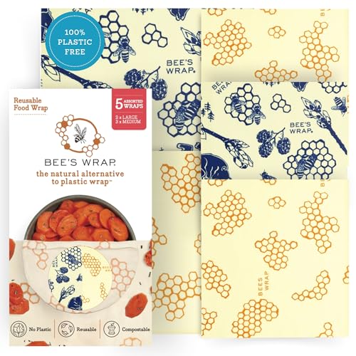 Bee's Wrap Beeswax Wraps for Food - Assorted 5 Pack of Beeswax Wraps - 2 Large & 3 Medium Wrap - Plastic Free Made in USA Reusable Natural Food Wrap - Honeycomb & Bees + Bears - style: 5 Pack (Honeycomb, Bees + Bears)