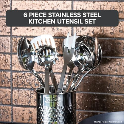 Viking Kitchen Utensils Set, 6 Piece Stainless Steel Cooking Utensil Set, Includes Spatulas, Spoons, Pasta Fork, and Deep Ladle, Hollow Forged, Silver - style: 6-Piece Set
