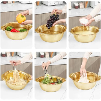 Paoli 304 Stainless Steel Fine Mesh Colander Set, 3.5QT Large Capacity Strainer with Mixing Bowl — Rinse Fruits, Veggies, Rice & Drain Pasta, Dishwasher Safe (2-Piece Gold) - color: Gold with handle, size: 3.5qt