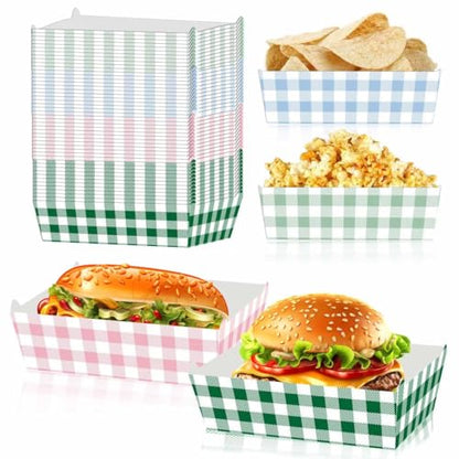 Zliisang 48 Pcs Camp Gingham Food Trays Blue Pink and Green Gingham Party Supplies Disposable Serving Tray Nacho Trays Food Boats for Camp Bachelorette Party Decorations Camp Picnic Decor