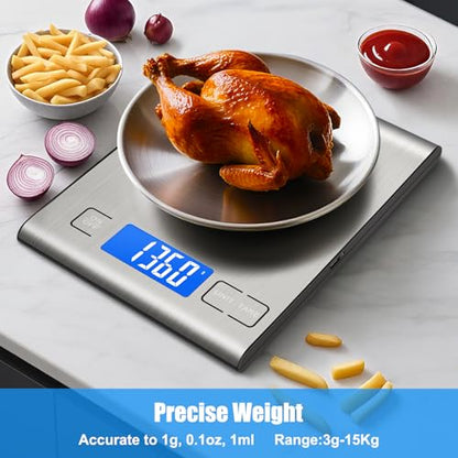 33lb Rechargeable Food Scale, Diyife 304 Stainless Steel Digital Kitchen Scale, 7.5 * 5.5 in Weight Grams and Ounces for Baking, Cooking, 5 Units with Tare Function, LCD Display, 2 AAA Batteries - color: Silver