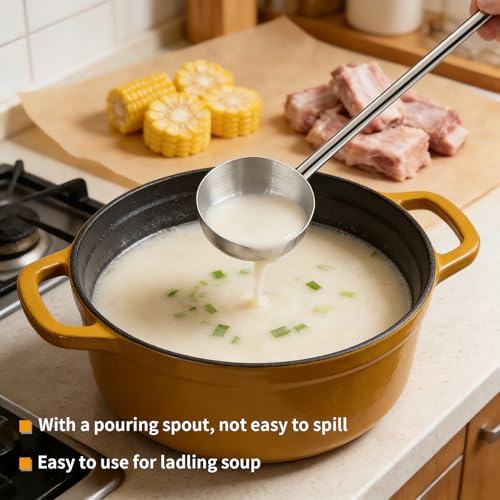10.5 Inch Small Soup Ladle SUS 304 Stainless Steel Metal Deep Spoon With a Spout For Pouring Water, 2 oz Long Handled Gravy Spoon, Heat-resistant, Ideal For Serving Gravy, Sauce,Soup