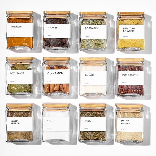 Glass Spice Jars with Bamboo Lid, 4oz Square Spice Containers for Pantry Organization, Seasoning Bottles with Labels, Spoons, Funnel for Salt Sugar - color: White