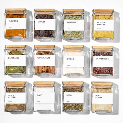 Glass Spice Jars with Bamboo Lid, 4oz Square Spice Containers for Pantry Organization, Seasoning Bottles with Labels, Spoons, Funnel for Salt Sugar - color: White