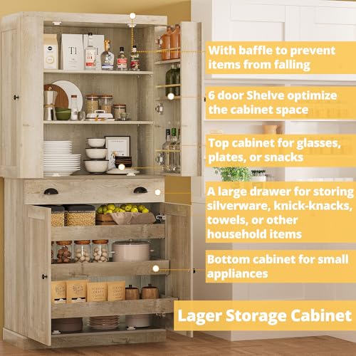IRONCK Kitchen Pantry Cabinet 72" Height, Freestanding Cupboard with Drawer, Sliding Storage Rack, and 6 Hanging Shelves for Dining Room, Laundry, Rustic Maple - color: Rustic Maple