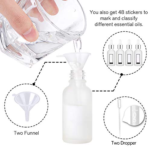 PrettyCare 4 Pack 1oz Dropper Bottle for Essential Oils, 30 ml Frosted Clear Glass Leak Proof Essential Oils Bottles with Labels, Funnels- Empty Tincture Bottles for Personal Care & Beauty - color: 1oz Frosted, style: 4 Pack