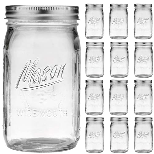 Esrentle Wide Mouth Mason Jars 32 oz - 12 Pack Large Glass Mason Jars with Airtight Lids and Bands, 1 Quart Glass Jars for Pickling, Canning, Fermenting and Food Storage, Microwave & Dishwasher Safe - color: 32 oz-12Pack-Mason