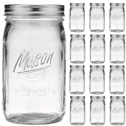 Esrentle Wide Mouth Mason Jars 32 oz - 12 Pack Large Glass Mason Jars with Airtight Lids and Bands, 1 Quart Glass Jars for Pickling, Canning, Fermenting and Food Storage, Microwave & Dishwasher Safe - color: 32 oz-12Pack-Mason