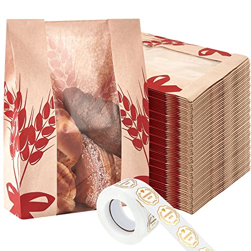 Gueevin 300 Pcs Kraft Paper Bread Bag for Homemade Bread Large Sourdough Loaf Bag with Clear Window Bakery Food Package Storage with 500 Pcs Sticker for Popcorn Cookies, 14x8.3x3.2''