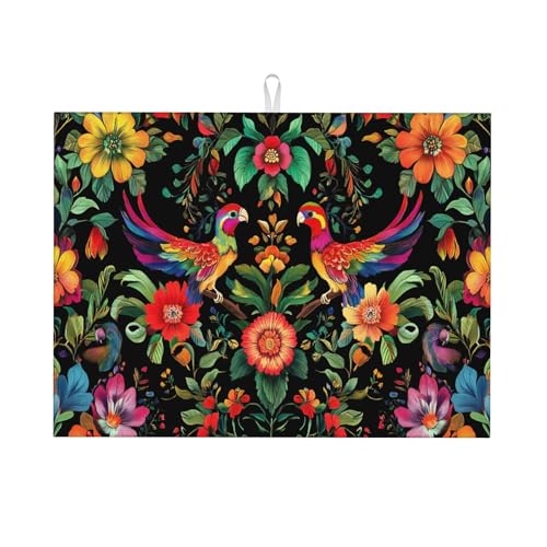 Mexican Flowers Dish Drying Mat for Kitchen Counter Microfiber Super Absorbent Non-Slip Dish Drying Pad for Countertops Dishes Utensils Stylish Quick-Dry Machine Washable 18x24 Inch - color: Mexican Flowers