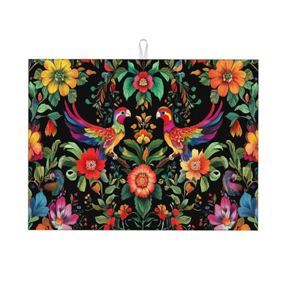 Mexican Flowers Dish Drying Mat for Kitchen Counter Microfiber Super Absorbent Non-Slip Dish Drying Pad for Countertops Dishes Utensils Stylish Quick-Dry Machine Washable 18x24 Inch - color: Mexican Flowers