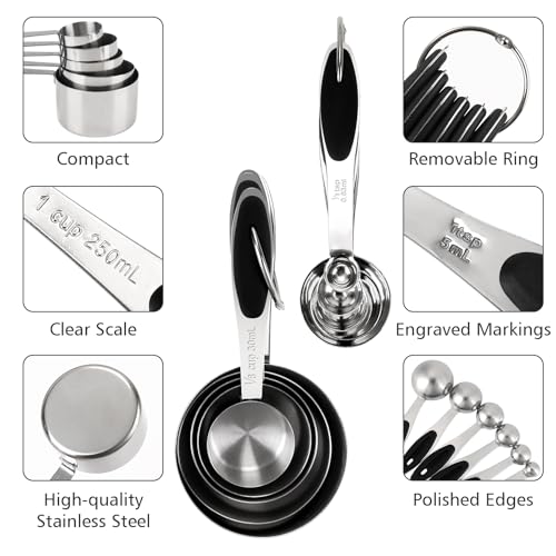 Accmor 11 Piece Metal Measuring Spoons Cups Set, Premium Stainless Steel Stackable Tablespoons Measurement kit, Kitchen Gadgets Cups and Spoon for Dry Liquid Ingredients Cooking Baking (Black Handle) - color: Silver/Black Handle