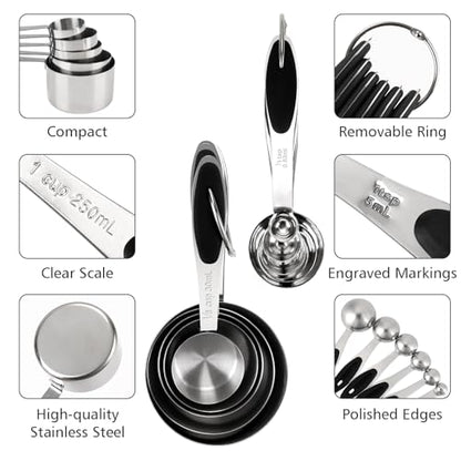 Accmor 11 Piece Metal Measuring Spoons Cups Set, Premium Stainless Steel Stackable Tablespoons Measurement kit, Kitchen Gadgets Cups and Spoon for Dry Liquid Ingredients Cooking Baking (Black Handle) - color: Silver/Black Handle
