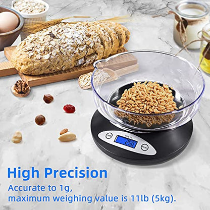 THINKSCALE 11lb Kitchen Scale with Bowl, 1g/0.1oz Backlit LCD for Baking | Digital Food Scale 5kg, Min 3g Start, Grams & Ounces, Easy-Clean, Non-Stick Bowl, Ideal for Baking, Dieting, Meal Prep
