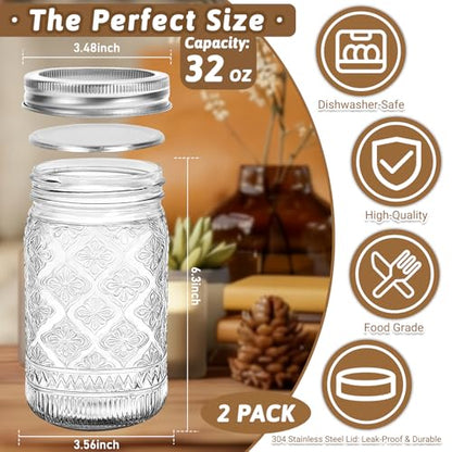 32 oz Mason Jars with Stainless Steel Split Lid, 2-Pack – Wide Mouth Quart Glass Canning Jars, Airtight Seals for Food Storage, Fermenting, Pickling, Kimchi & Sourdough Starter - color: Clear01-32OZ