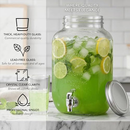 Circleware Sun Tea Mini Mason Jar Glass Beverage Dispenser with Metal Lid, Glassware For Water, Juice, Beer, Wine, Liquor, Kombucha Iced Punch & Best Cold Drinks, Classic Yorkshire 1 Gallon