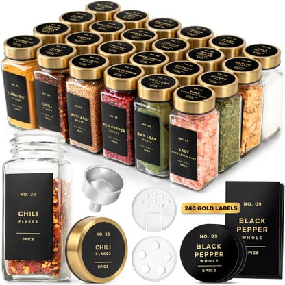 EDELHAUS Glass Spice Jars with Label, 24x Gold Stainless Steel Lids | Airtight lids keep spices fresh; use as a spice organizer, seasoning containers or 4 oz jar set; funnel, brush & 240 labels - color: Gold Steel Lid