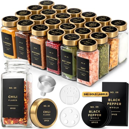 EDELHAUS Glass Spice Jars with Label, 24x Gold Stainless Steel Lids | Airtight Lids keep spices fresh, Kitchen Spice Drawer Organizer, 4oz Seasoning Containers incl. Funnel, Brush & 240 Labels - color: Gold Steel Lid