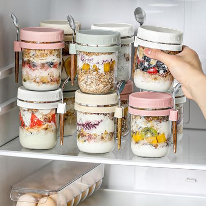 4 Pack Overnight Oats Containers with Lids and Spoons, 16 oz Glass Mason Jars with Airtight Lids, Overnight Oats Jars for Milk, Cereal, Fruit - color: Light Colors