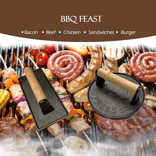 Cast Iron 7" & 8.5" X 4.3" Smash Burger Press, Heavy Duty Burger Smasher with Wooden Handle and Silicone Protective Cover for Griddle,Grill Press for Hamburger, Bacon, Barbecue Grilling Tool - size: Cast Iron Round & Rectangle