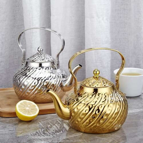 SANQIAHOME 2000ml stainless steel antique style teapot,with Infuser, thickened boiling kettle, lifting handle,Gold - color: Gold(D), size: 2000ml