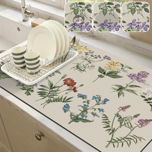 LOKHOM Dish Drying Mat for Kitchen Counter, 17"x32" Absorbent Coffee Bar Mat with Vintage Sage Flower Herbs, Dish Drainer Rack Mats for Kitchen Counter Coffee Maker Pot Dining Room Decoration - size: 17" x 32"