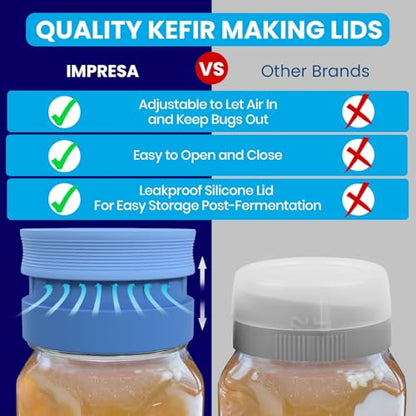 IMPRESA Mason Jar Strainer Lids - Blue, Pack of 3 Clog-Free Drainage & Kefir Strainer - Compact 3-Piece Fermentation Kit - Secure Fit