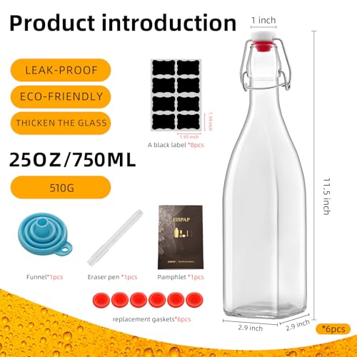 6 Pack 25oz Square Swing Top Glass Bottles, 750ML Bottles with Airtight Stoppers for Kombucha, Kefir, Vanilla Extract, Beer(Bonus Gaskets, Labels and Funnel)