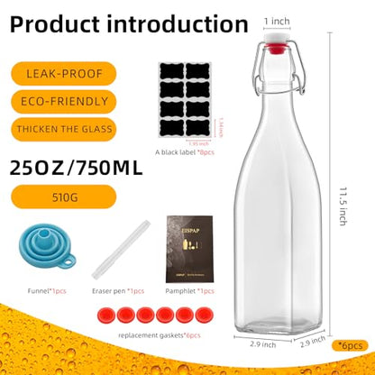 6 Pack 25oz Square Swing Top Glass Bottles, 750ML Bottles with Airtight Stoppers for Kombucha, Kefir, Vanilla Extract, Beer(Bonus Gaskets, Labels and Funnel)
