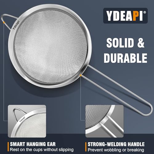 Ydeapi Fine Mesh Strainer, Stainless Steel Kitchen Strainers with Sturdy Handle, Set of 4 Metal Sieve for Food, Rice, Quinoa, Tea - 8.6", 6.3", 4.6", 2.7" - size: 8.6" + 6.3" + 4.6" + 2.7"