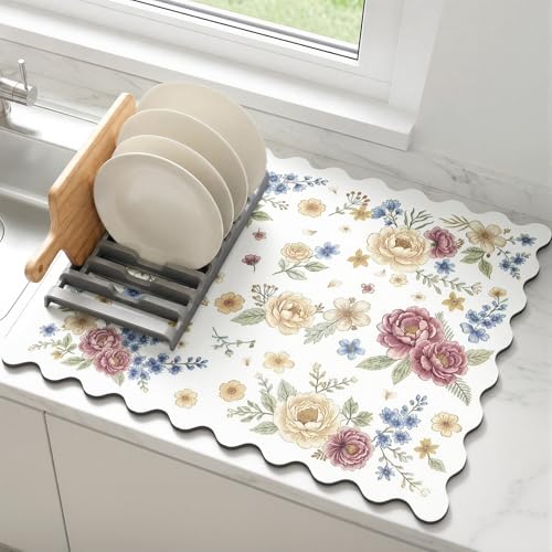 Dish Drying Mat for Kitchen Counter, 16"x18" Absorbent Dish Mat with Rubber Backing, Coffee Mat for Coffee Bar, Heat Resistant Non Slip Drying Mat for Dish Rack, Coffee Maker, Cups-White - color: White