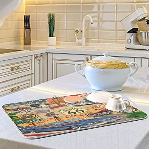 senya Super Absorbent Dish Drying Mat, Microfiber Fast-Drying Dish Mat, 24'' x 18'', Kitchen Dish Drying Pad, Retro Route 66 Poster, (g289343280p523c558s1114) - color: Retro Route 66 Poster, size: 18" x 24"