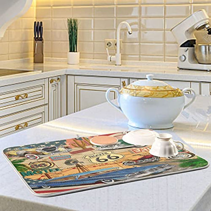 senya Super Absorbent Dish Drying Mat, Microfiber Fast-Drying Dish Mat, 24'' x 18'', Kitchen Dish Drying Pad, Retro Route 66 Poster, (g289343280p523c558s1114) - color: Retro Route 66 Poster, size: 18" x 24"