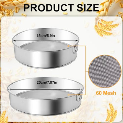 2 Pcs Round Flour Sieve Stainless Steel Round Flour Sifter 8 Inch and 6 Inch 60 Mesh Fine Mesh Flouring Sieve for Baking Cake Bread