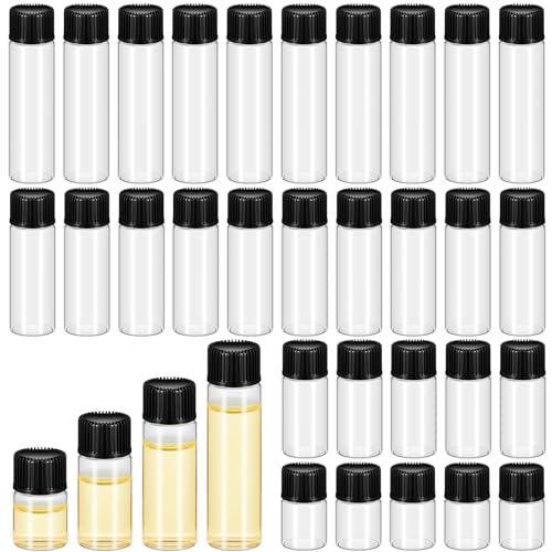 Lallisa 100 Pcs 2, 4, 5, 7 ml Glass Vials with Black Screw Caps and Plastic Stoppers, Clear Small Leakproof Bottles Bulk, Mini Liquid Sample Vials for Essential Oils, Sample, DIY Craft - color: Clear with Black Cap, size: 2 ml, 4 ml, 5 ml, 7 ml Set