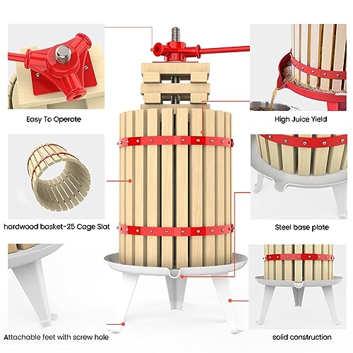 4.75 Gallon Fruit and Wine Press, Manual Cider Juice Maker with Solid Beech Wood Basket & Heavy-Duty Stand for Apples, Grapes, Berries - color: Red, size: 4.75 Gallon