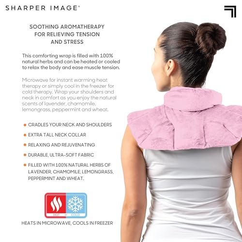 Sharper Image Heated Neck & Shoulder Wrap - Microwavable Warm & Cooling Plush Pad, Scented Aromatherapy (100% Natural Lavender & Herb Spa Blend), Pain Tension Headache Relief Therapy, Gift for Women - color: Pink