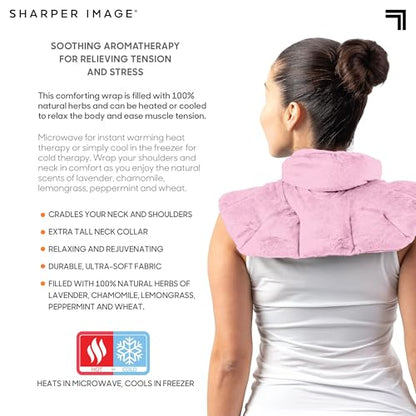 Sharper Image Heated Neck & Shoulder Wrap - Microwavable Warm & Cooling Plush Pad, Scented Aromatherapy (100% Natural Lavender & Herb Spa Blend), Pain Tension Headache Relief Therapy, Gift for Women - color: Pink
