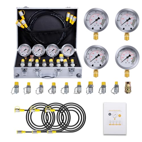 Hydraulic Pressure Test Kit with 4 Gauges (Max 10,000 PSI), 10 Test Couplings, 3 Test Hoses, Hydraulic Gauge Tester Set for Excavators, Construction Machinery, and Mining. - style: 4 Gauge Test Kit