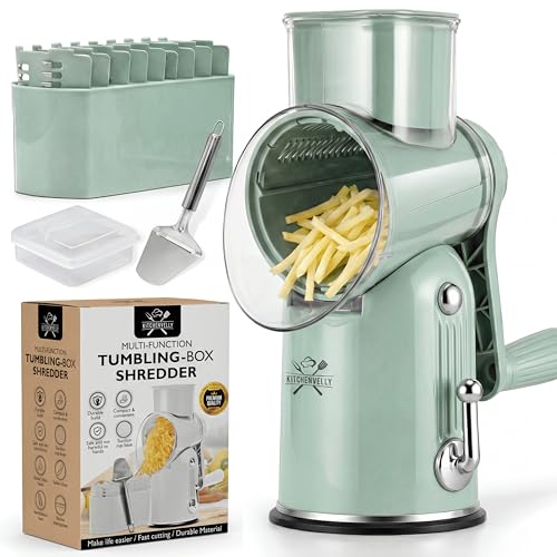 Rotary Cheese Grater Hand Crank, 5 in 1 Vegetable Slicer, Manual Cheese Shredder with Stainless Steel Blades, Food Grater for Cheese Vegetables Nuts, Suction Base, Easy Clean, Green - color: Green