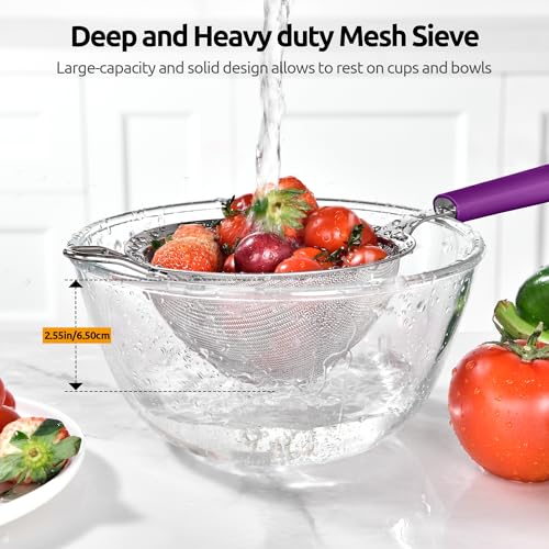 U-Taste Medium Fine Mesh Strainer: 18/8 Stainless Steel 4.73in 30 Mesh Kitchen Food Sieve with Sturdy Riveted Silicone Handle, Heavy Duty Deep Handheld Metal Colander for Rice, Quinoa, Flour (Purple) - color: (5) Purple, size: M-4.73in